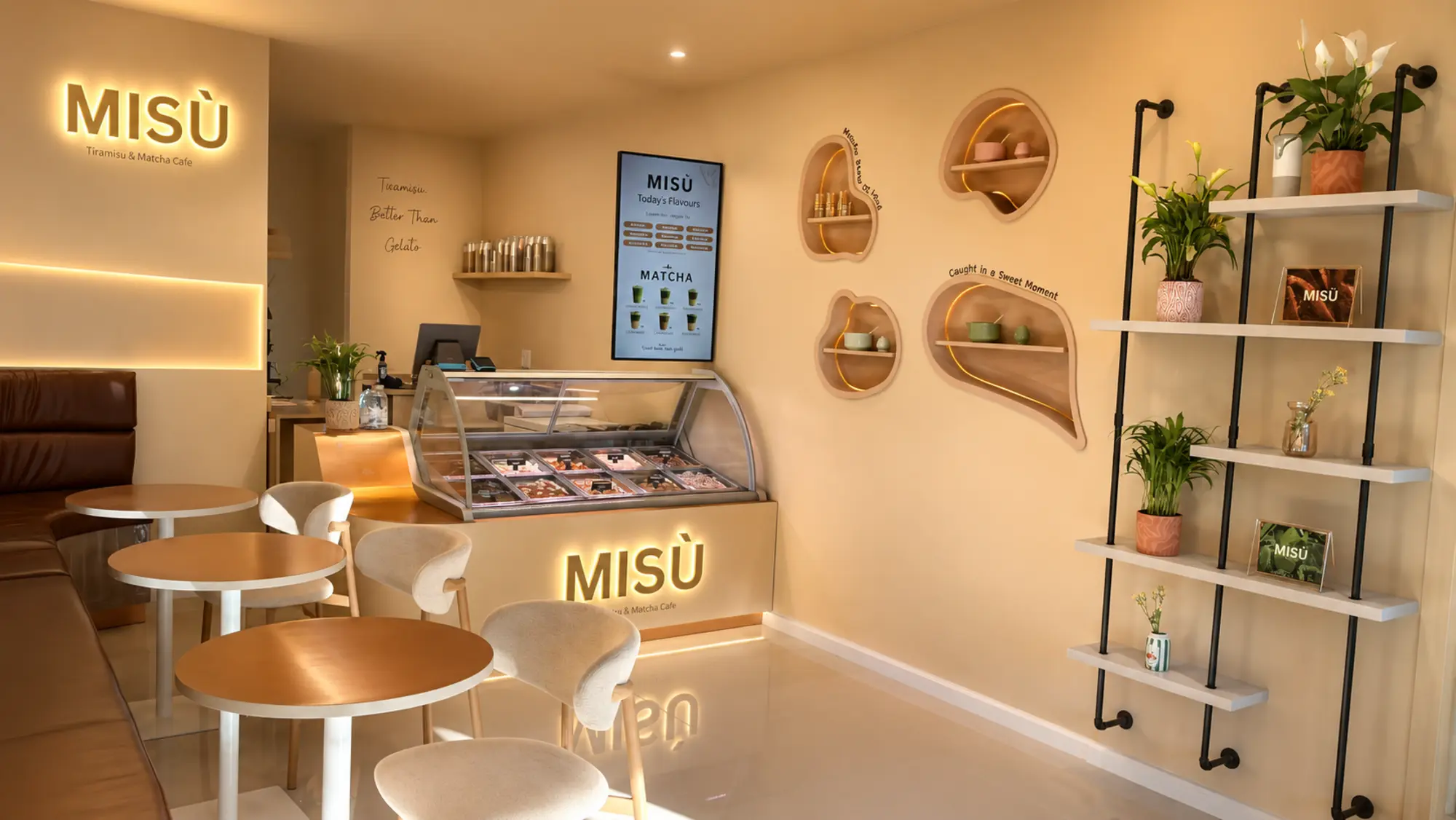 Inside the MISÙ Claremont café — warm neutral tones, glowing display shelving and the gelato counter